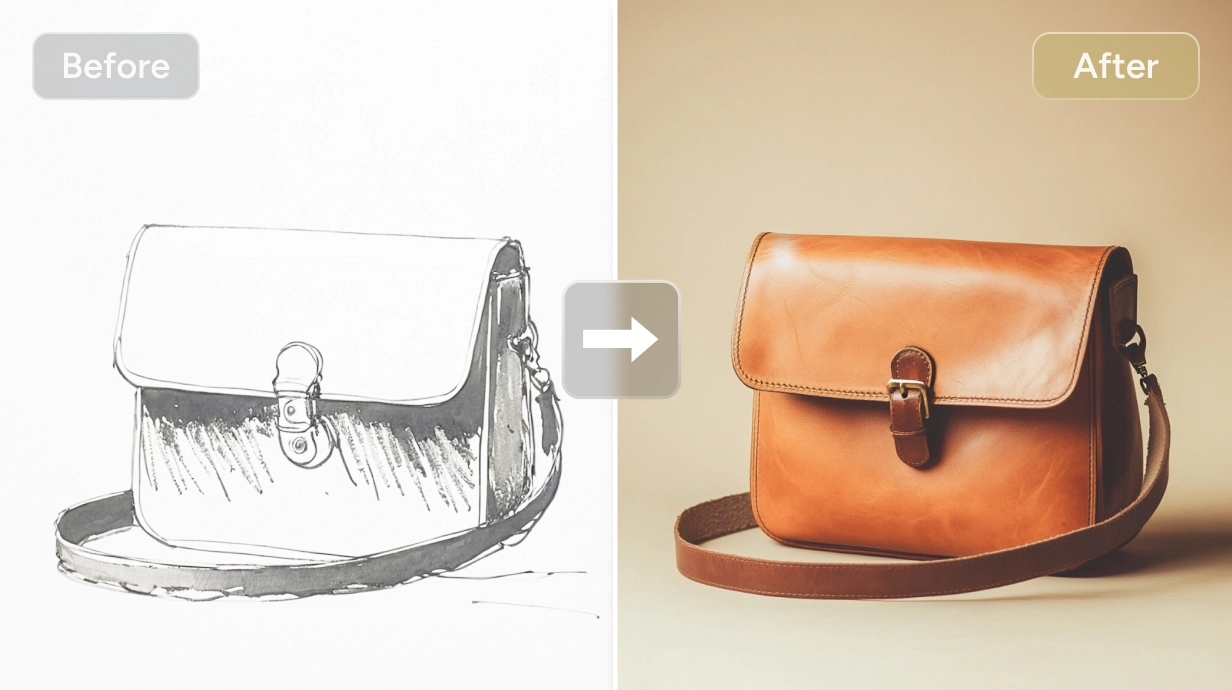 before and after comparison images of a bag from sketch to realistic style picture